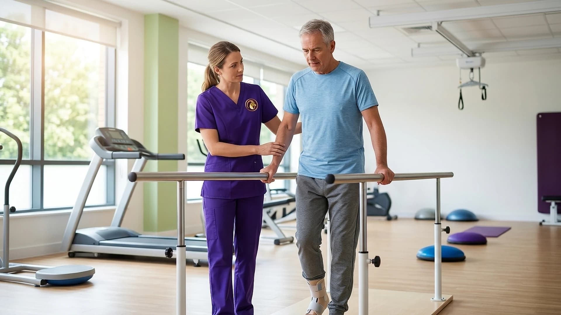 Supervised gait and balance retraining for stroke survivors using parallel bars at an Aries PhysioCare center.