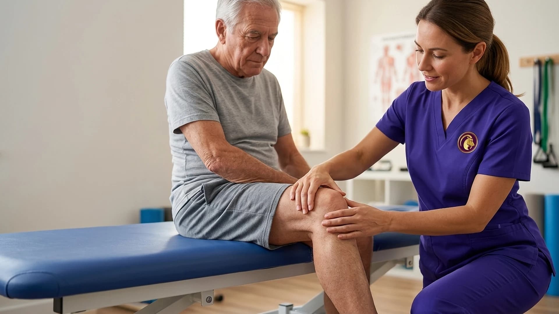 Home-based knee osteoarthritis care, isometric quad strengthening, and joint mobilization by an Aries PhysioCare specialist.