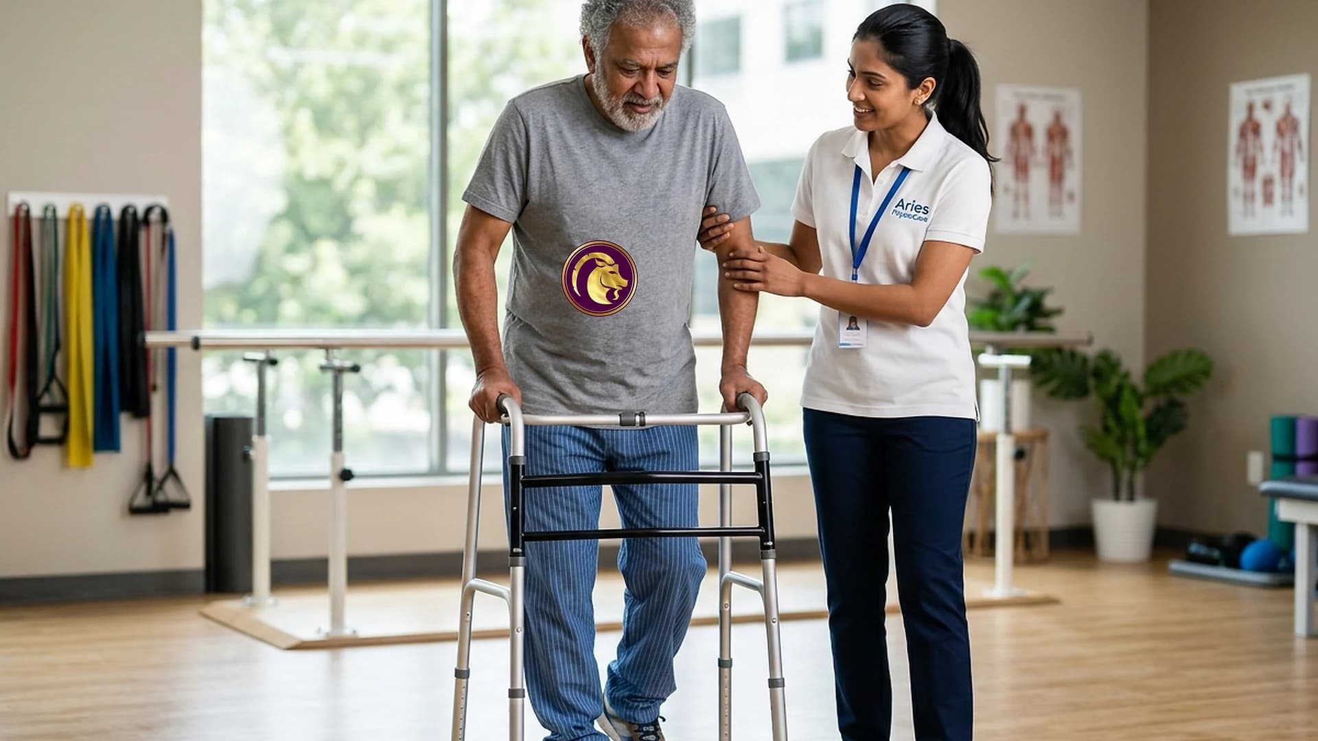 Neurological stroke rehabilitation timeline and neuroplasticity gait training guided by an Aries PhysioCare therapist.