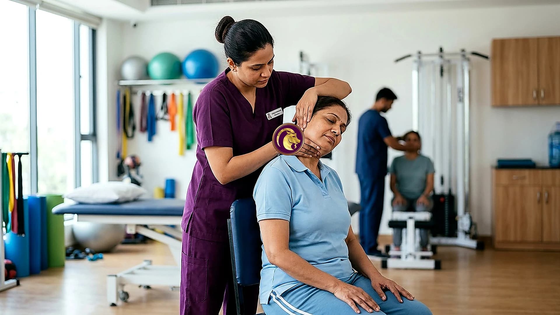 Aries PhysioCare specialist performing gentle cervical spine assessment and manual traction for acute neck pain relief.