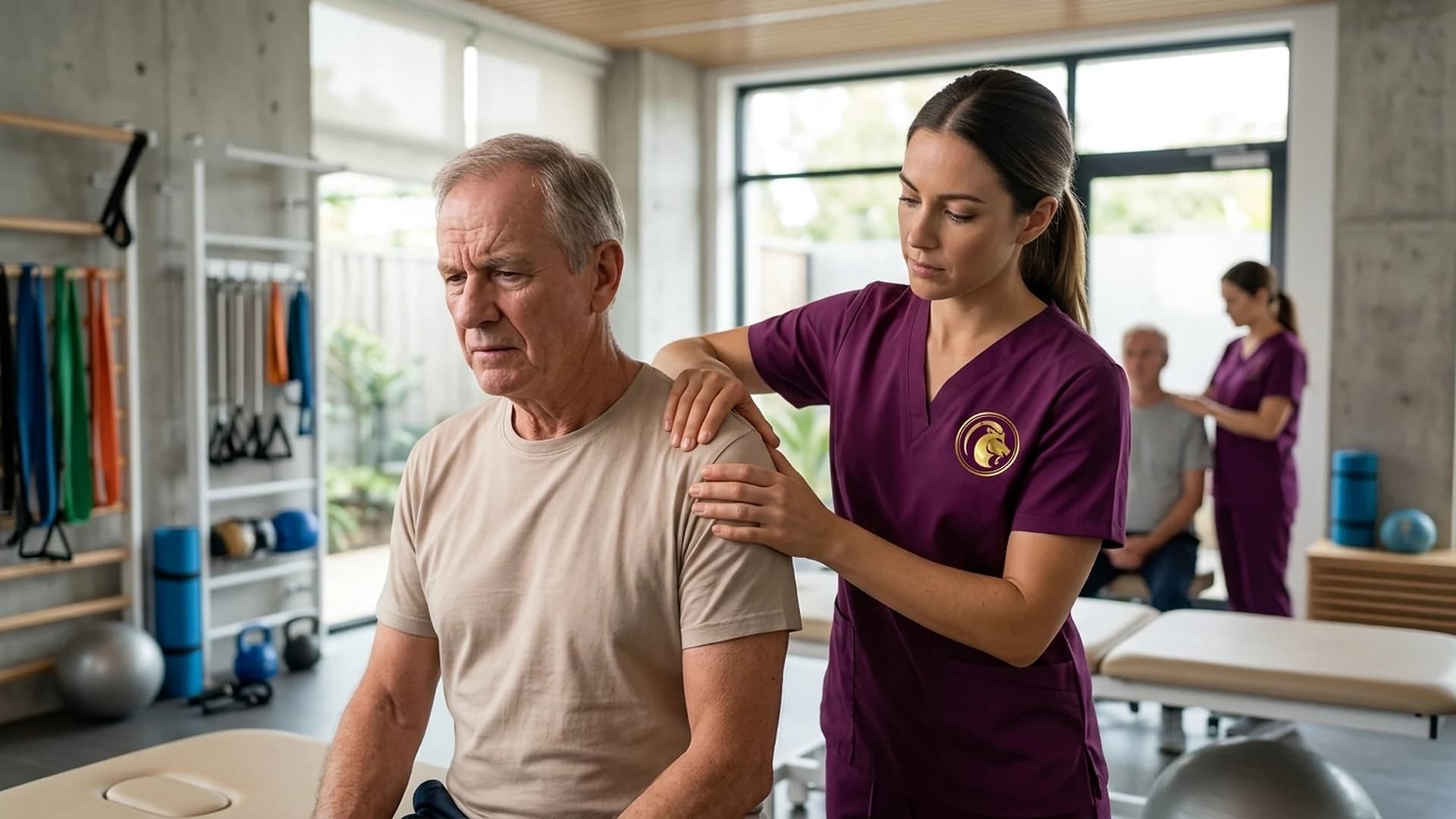 Aries PhysioCare specialist performing gentle glenohumeral capsular release and mobility therapy for a patient with frozen shoulder.