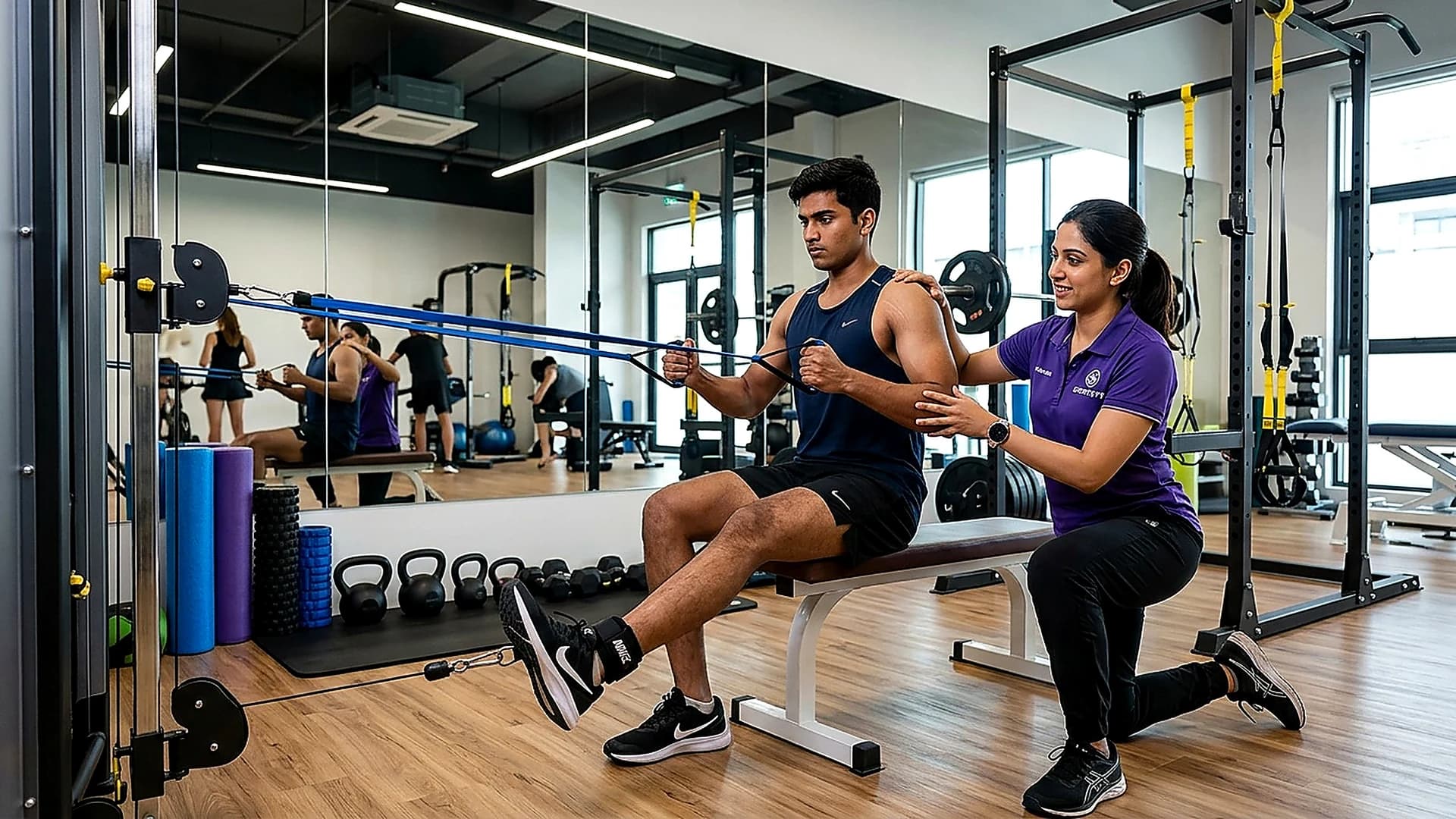Physiotherapist coaching progressive tendon loading exercises for rotator cuff tendinopathy at an Aries PhysioCare center.