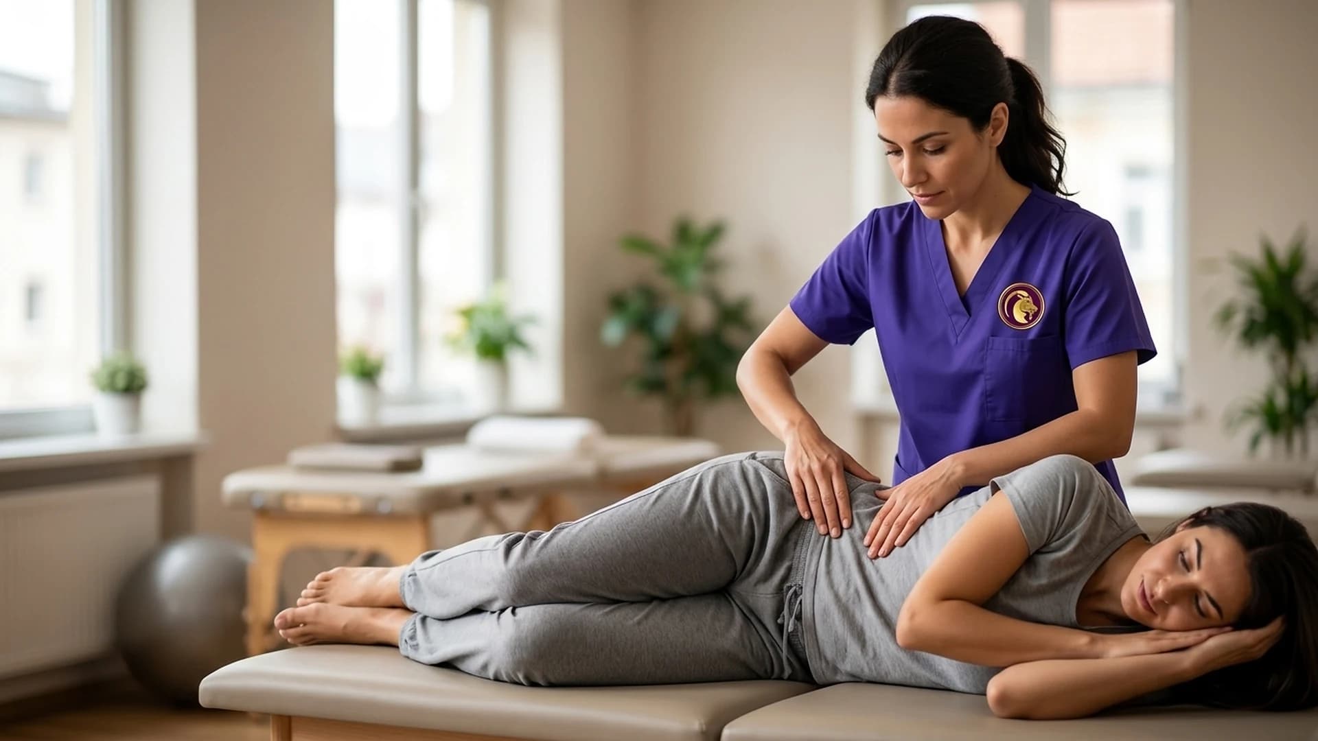 Sacroiliac SI joint manual realignment and pelvic belt stabilization guided by an Aries PhysioCare specialist.